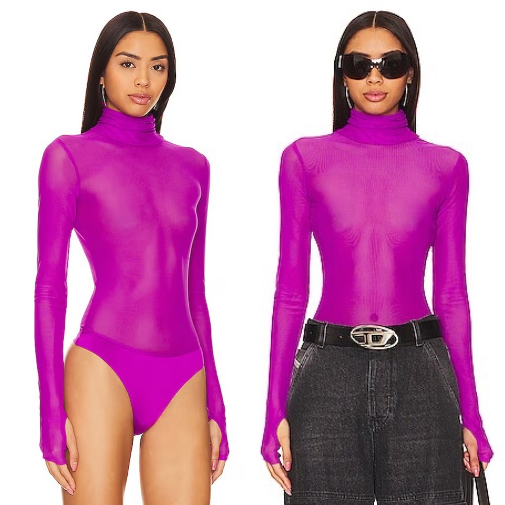 NEW AFRM REVOLVE BODYSUIT LONG SLEEVE HIGH NECK TURTLENECK SHEER FUSCHIA SMALL